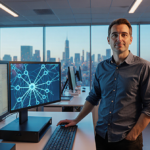 Yann LeCun examining AI workstation with neural network diagram and cityscape in laboratory windows