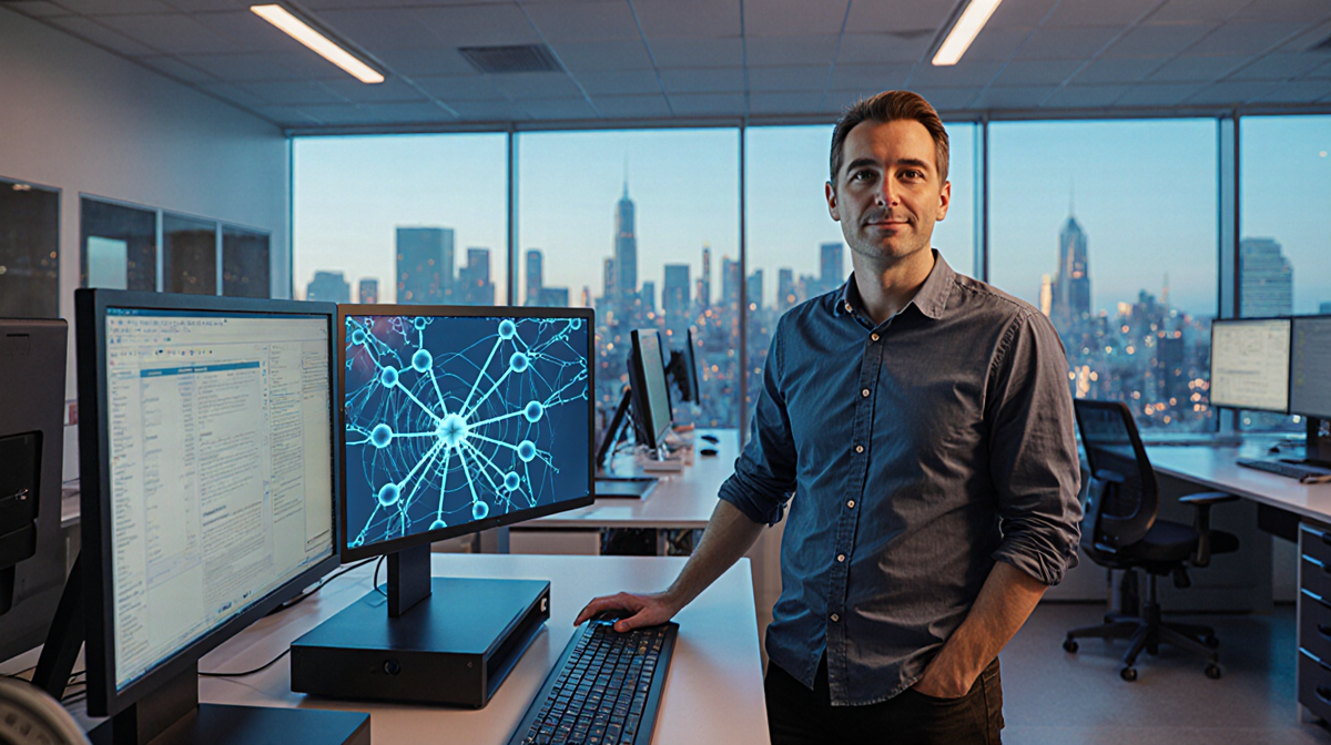Yann LeCun examining AI workstation with neural network diagram and cityscape in laboratory windows