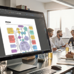 Scientists editing a paper on a sleek computer with a bright diagram in a collaborative laboratory.