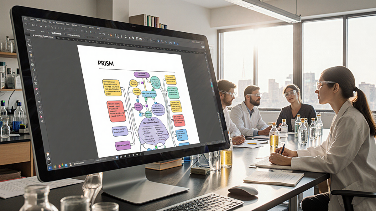 Scientists editing a paper on a sleek computer with a bright diagram in a collaborative laboratory.