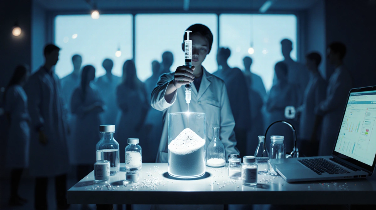 Lab coat figure holds syringe with cloudy amino liquid on a table with syringes, medical gear and a blurred crowd outside.
