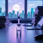 Lab table holds syringe pouring clear liquid with powder into glass vial against blurred Silicon Valley skyline