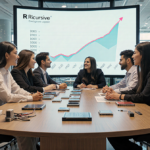 Team of young professionals gathering around a wooden table with AI chip prototypes and a glowing growth graph behind