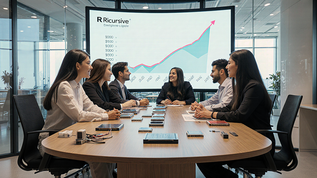 Team of young professionals gathering around a wooden table with AI chip prototypes and a glowing growth graph behind