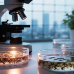 Laboratory bench holds petri dishes with microbial cultures and copper compounds beside microscope with glowing light
