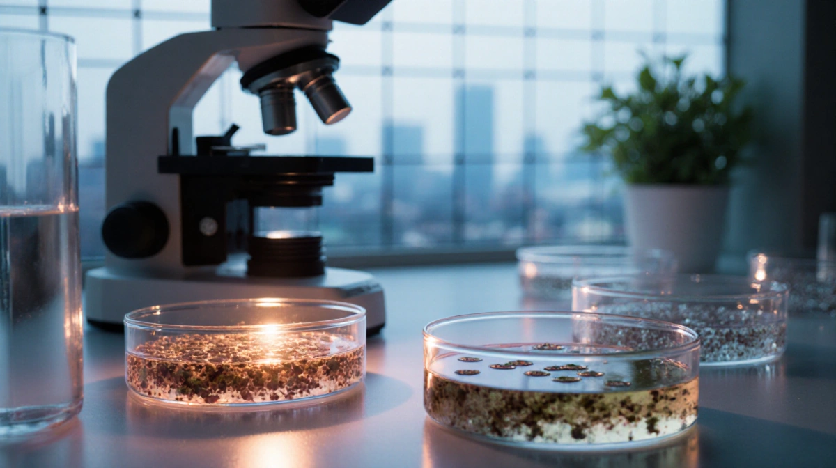 Laboratory bench holds petri dishes with microbial cultures and copper compounds beside microscope with glowing light