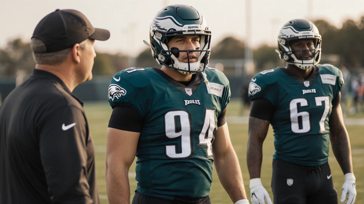 Lane Johnson stands confidently with teammates on Philadelphia Eagles practice field watching Coach Nick Sirianni