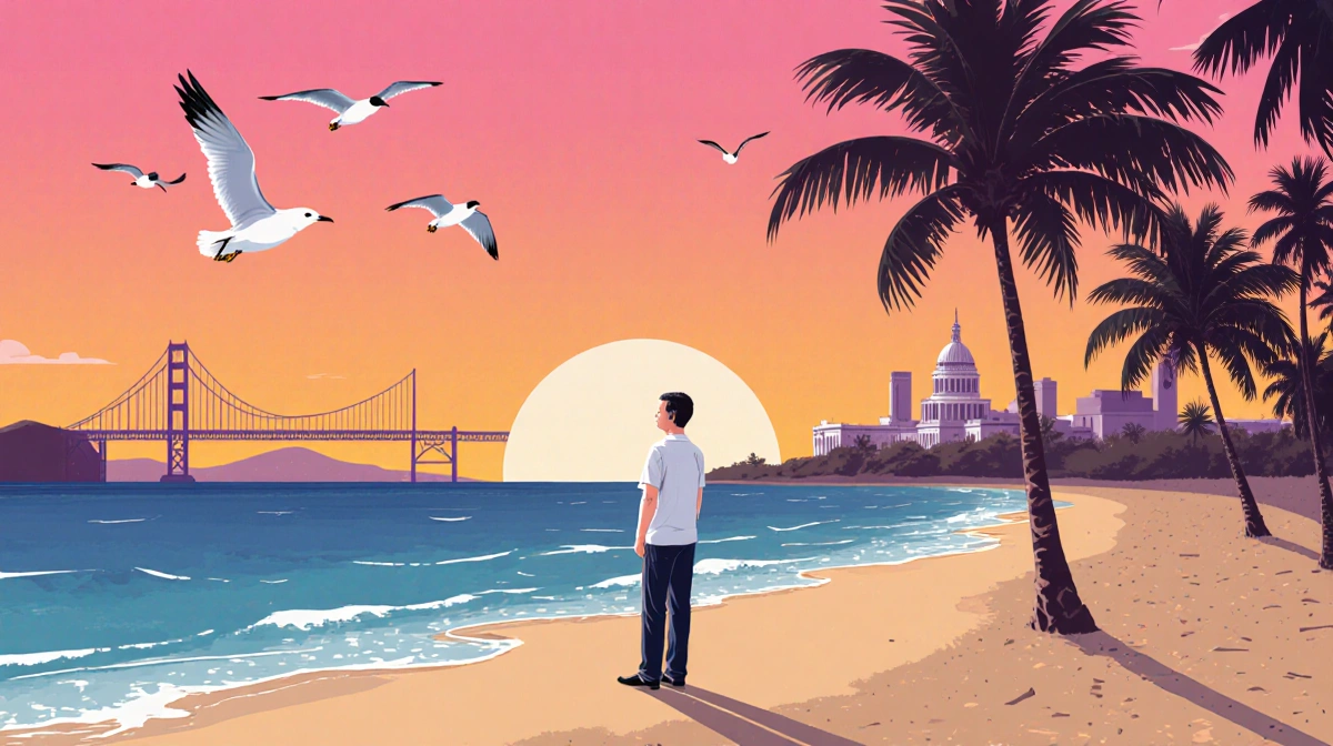 Larry Page stands on palm-lined Florida beach at sunset with seagulls overhead and Golden Gate Bridge silhouette visible