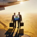 Larry Page and Sergey Brin stand back-to-back on golden California map with suitcases and aircraft light casting shadows