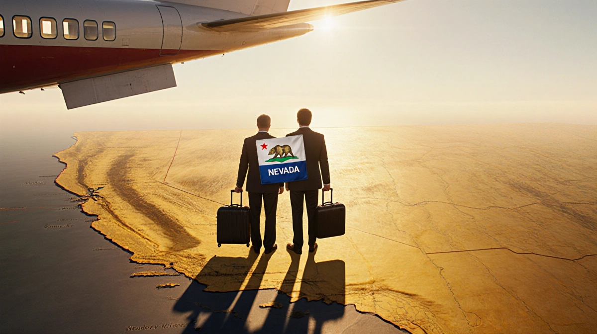 Larry Page and Sergey Brin stand back-to-back on golden California map with suitcases and aircraft light casting shadows