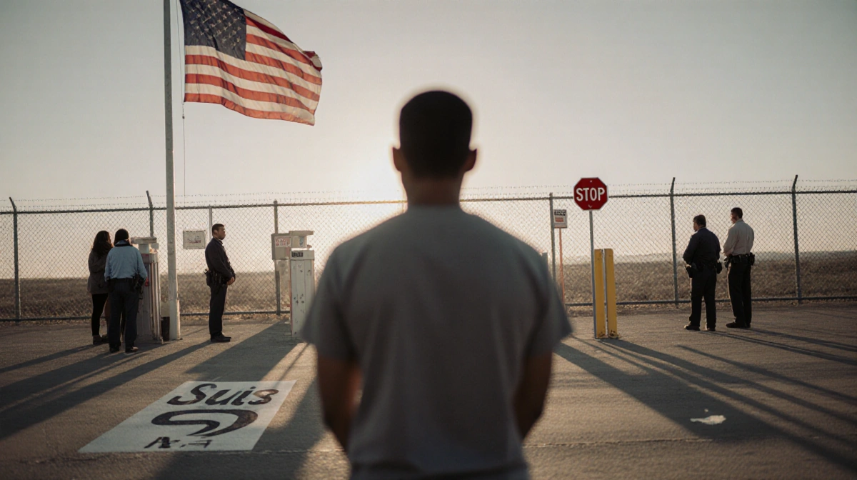 Latino person stands at immigration checkpoint with blurred flag overhead and watchers behind fence