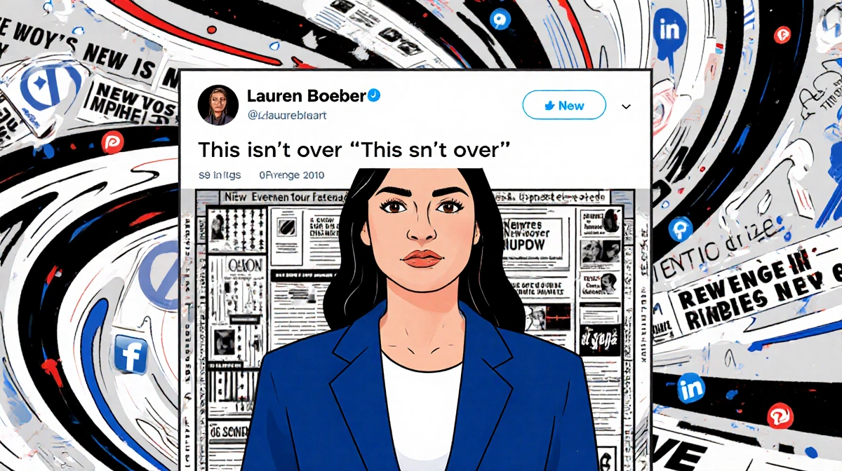 Lauren Boebert stands with determined gaze while swirling scoreboard lines surround her and headlines hint at a revenge tour