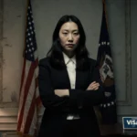 Lauren Chen standing sternly with arms crossed in front of a faded American flag and a glow from a visa on a desk.