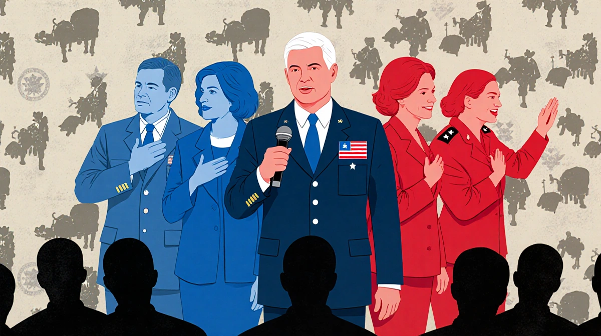 Six lawmakers addressing military personnel with colored clothing showing party affiliation and one holding a microphone