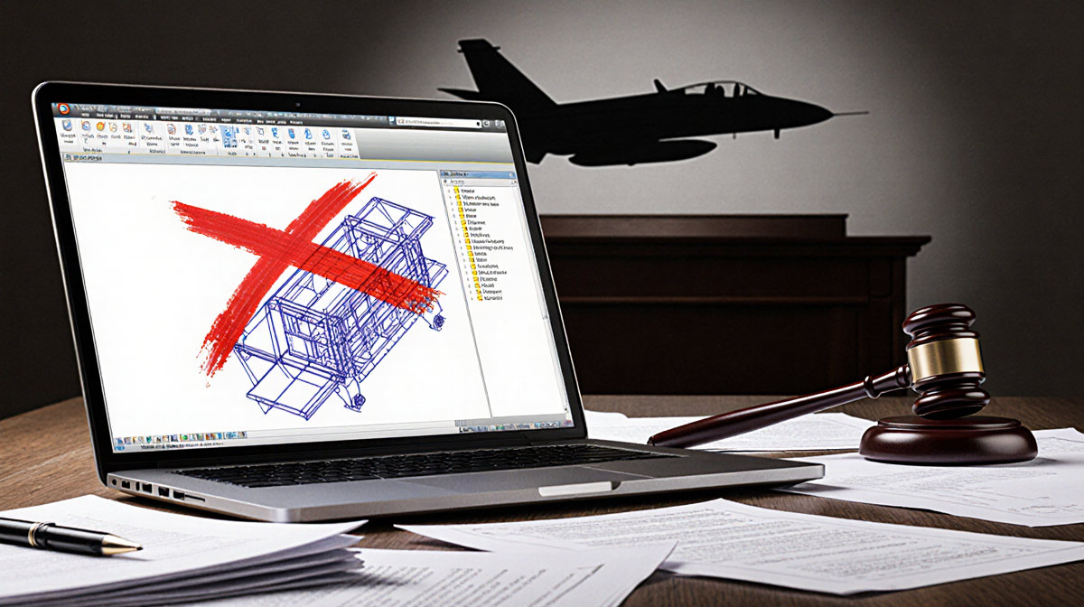 Desk displays legal documents and a laptop screen showing a CAD design with a red X and a plane silhouette in background