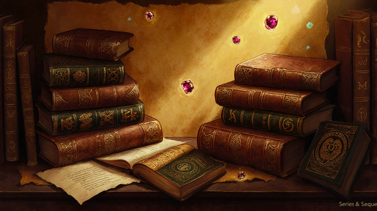 Bookshelves overflowing with leather-bound ancient books with warm golden light and open tomes showing magical symbols