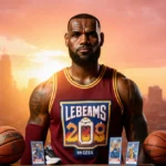 LeBron James stands confidently with commemorative jersey patch visible and sunset skyline behind