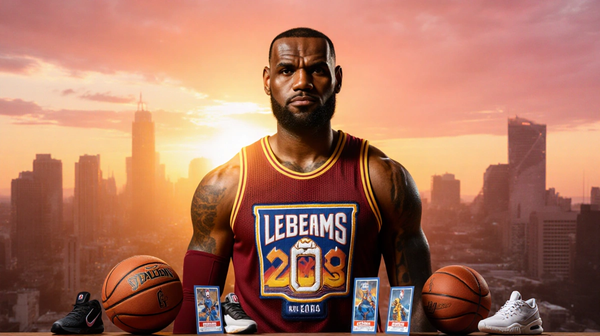 LeBron James stands confidently with commemorative jersey patch visible and sunset skyline behind
