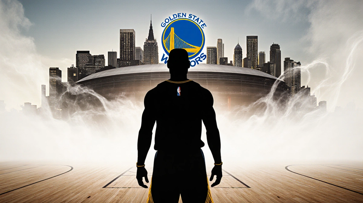 LeBron James stands in silhouette before Warriors arena with Sacramento skyline behind him and faint basketball court outline