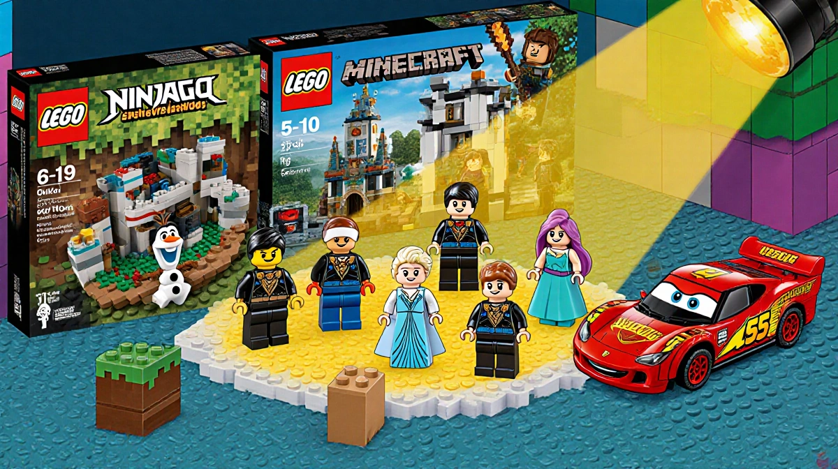 Lego display spotlights anniversary mini-figures and cars with nostalgic boxes and vibrant colors