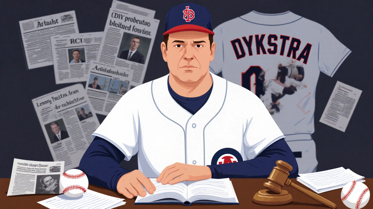 Lenny Dykstra sits with a law book and baseball memorabilia showing regret in a blurred court document background.