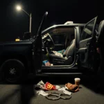 Lenny Dykstra stands looking down with handcuffs and a baseball glove near the traffic stop.