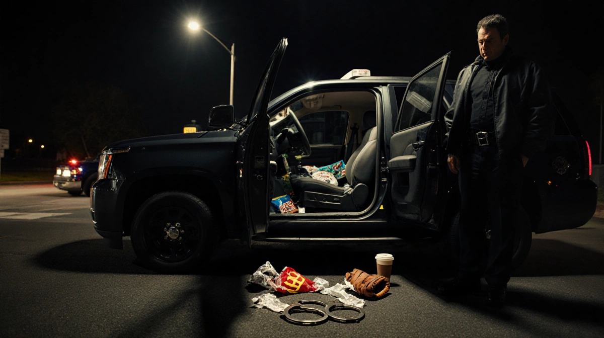 Lenny Dykstra stands looking down with handcuffs and a baseball glove near the traffic stop.