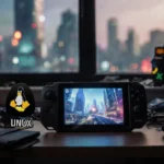 Lenovo Legion Go 2 console rests on a cluttered desk with glowing screen and SteamOS logos while blurred cityscape fills wind