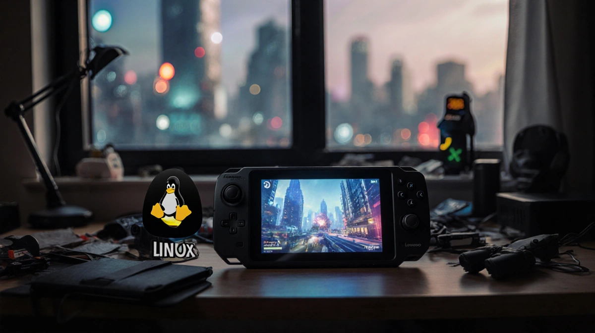 Lenovo Legion Go 2 console rests on a cluttered desk with glowing screen and SteamOS logos while blurred cityscape fills wind