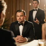 Leonardo DiCaprio looking down with discomfort during Golden Globes interview with stern female interviewer and Timothée Chal