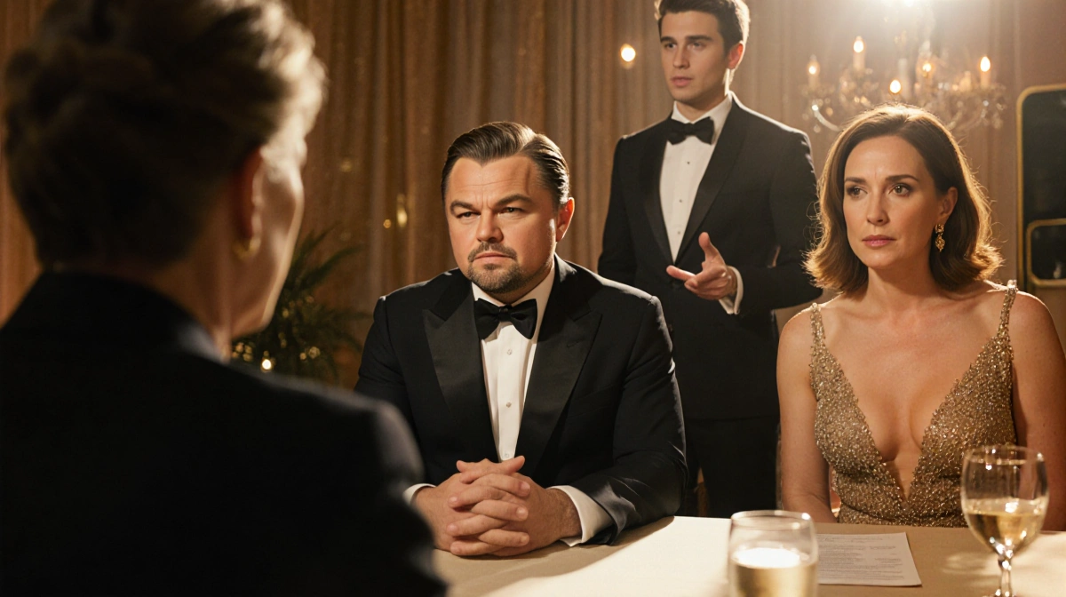 Leonardo DiCaprio looking down with discomfort during Golden Globes interview with stern female interviewer and Timothée Chal