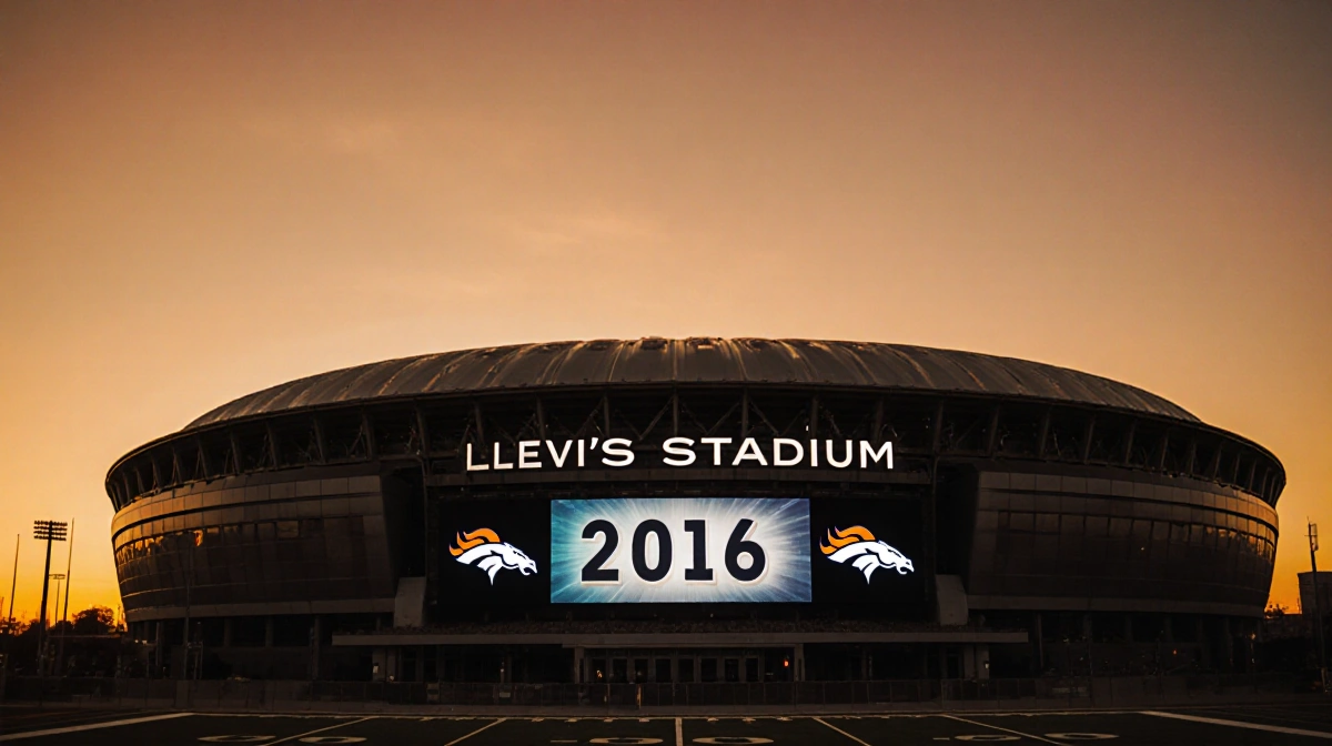 Levi's Stadium glows at sunset with the year 2016 on its scoreboard and Super Bowl 50 tribute showing Broncos logo