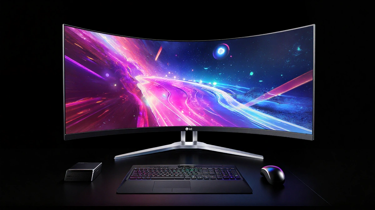 LG UltraGear evo 52G930B display glows with vibrant colors and dynamic lighting on a sleek curved 52-inch gaming setup