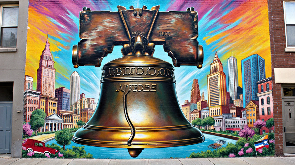 Liberty Bell mural wraps around the replica with vibrant Cuban-American colors and El Centro de Oro landmarks