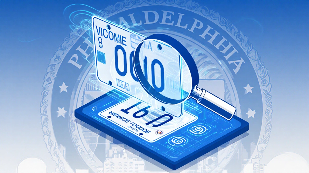 Digital interface showing forensic tools and license plate readers with a magnifying glass over Philadelphia cityscape