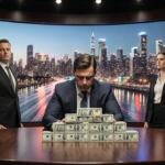 CEO looks intensely at stack of cash with polished wooden table and city skyline at dusk