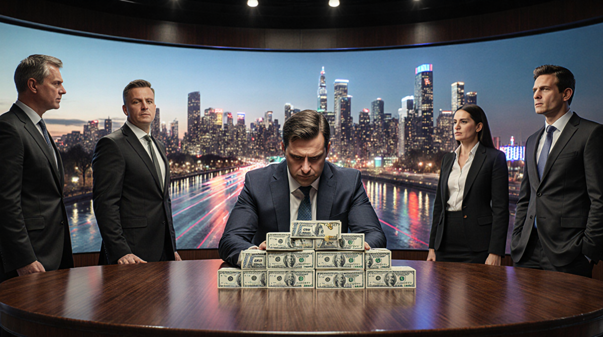 CEO looks intensely at stack of cash with polished wooden table and city skyline at dusk