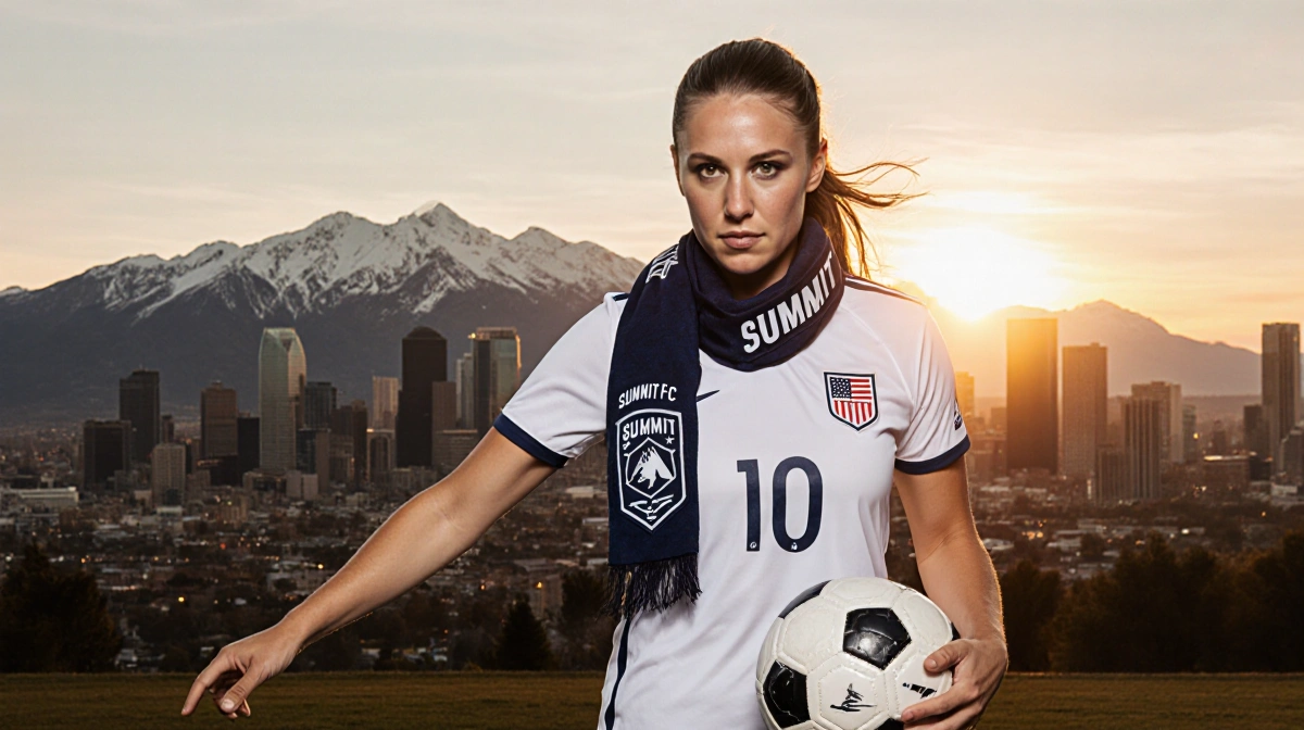 Lindsey Heaps stands with soccer ball and USWNT jersey wearing Summit FC scarf with Denver skyline and Rocky Mountains behind