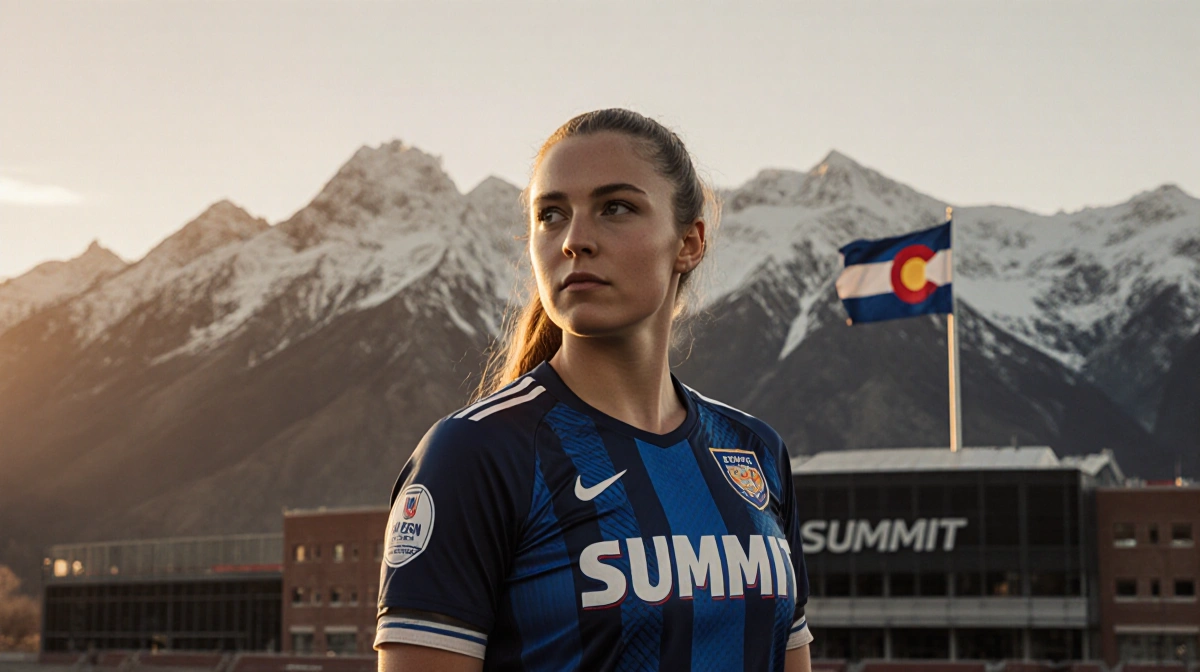 Lindsey Heaps stands in Denver Summit kit with Rocky Mountains and sunset behind her