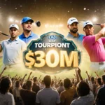 LIV Golf players celebrating around glowing $30 million purse with PGA Tour champions watching from stadium seats