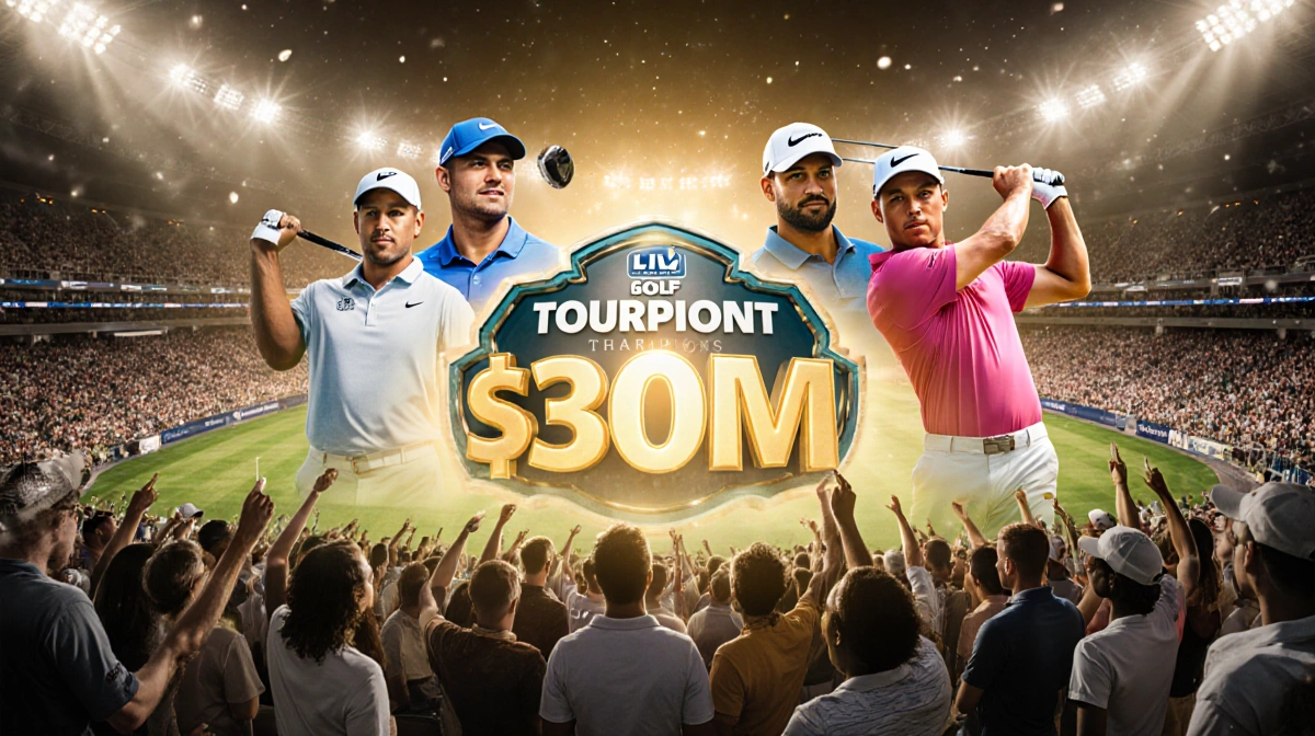 LIV Golf players celebrating around glowing $30 million purse with PGA Tour champions watching from stadium seats