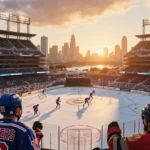 Hockey players skate across snow‑covered rink inside bright sunset‑lit stadium with Miami skyline glowing behind
