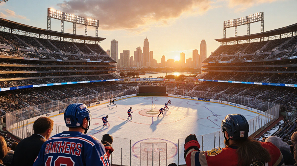 Hockey players skate across snow‑covered rink inside bright sunset‑lit stadium with Miami skyline glowing behind