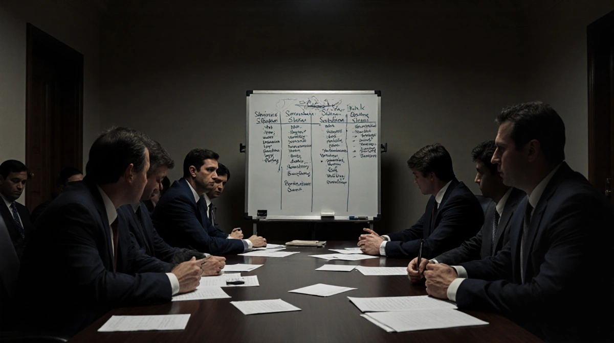 Lobbyists sit worried at dim table with abandoned papers and cryptic whiteboard showing uncertainty