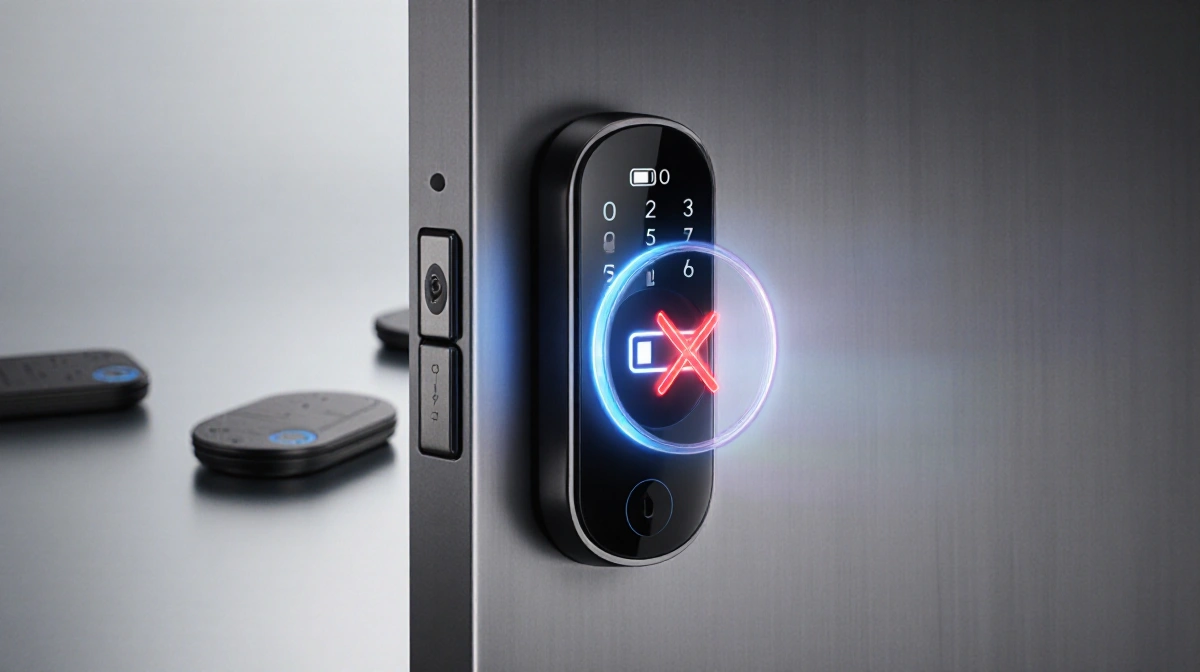 Smart lock emitting infrared light with display showing a charging icon crossed by a red X and charging pads in background