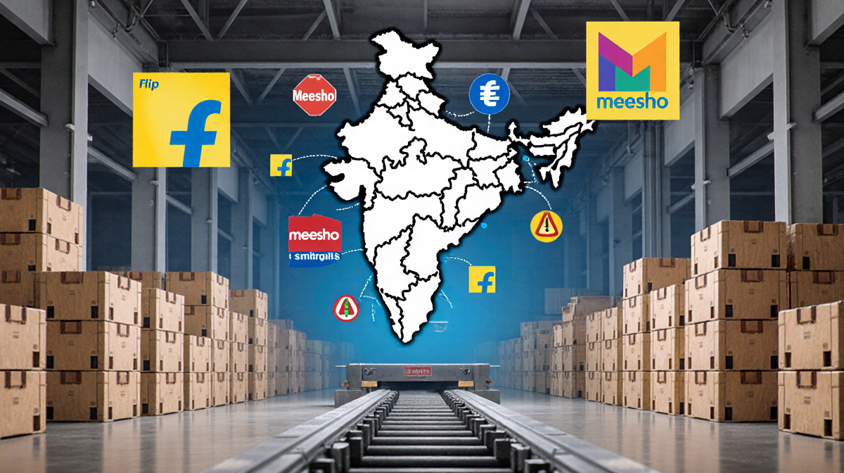 Logistics hub bustling with crates and a conveyor belt large map of India in background showing last-mile Flipkart Meesho log