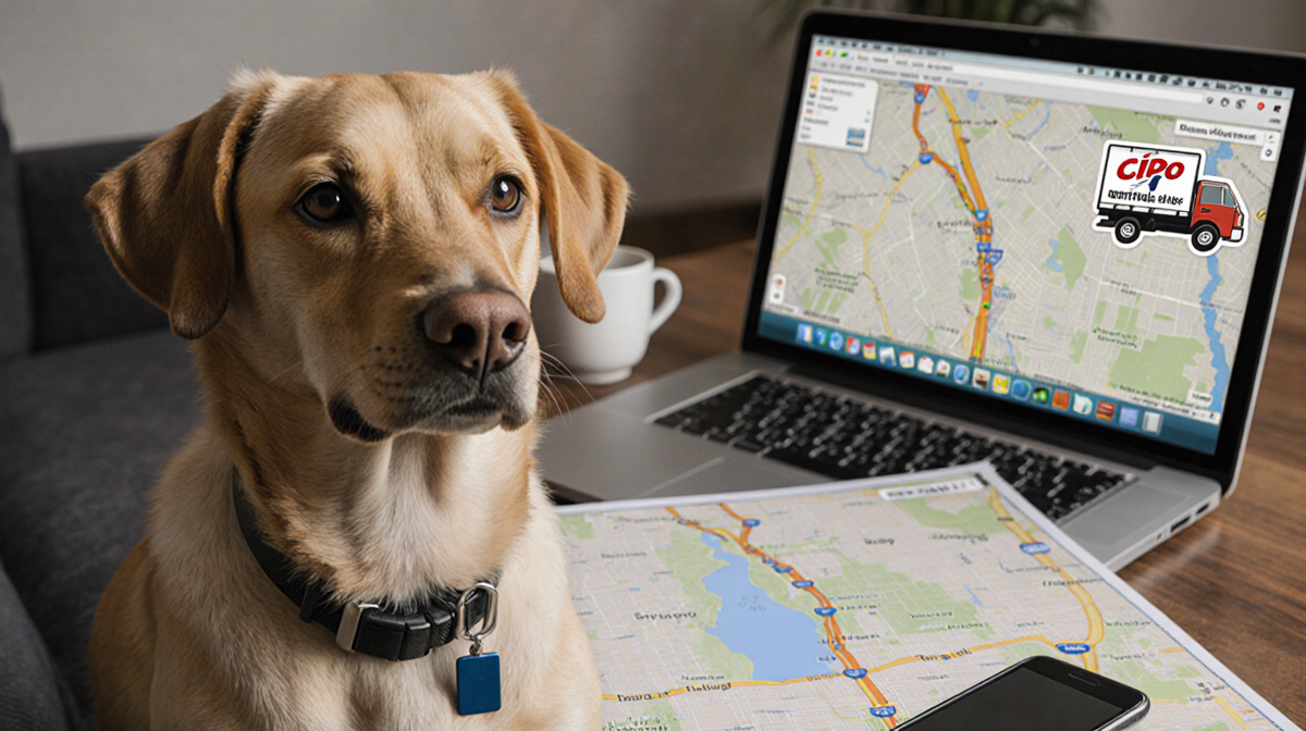 Dog sits in front of laptop with map nearby and moving truck in blurred background