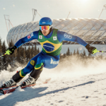 Lucas Pinheiro Braathen sprinting down a snowy slope with a Brazilian ski suit and Olympic stadium in background