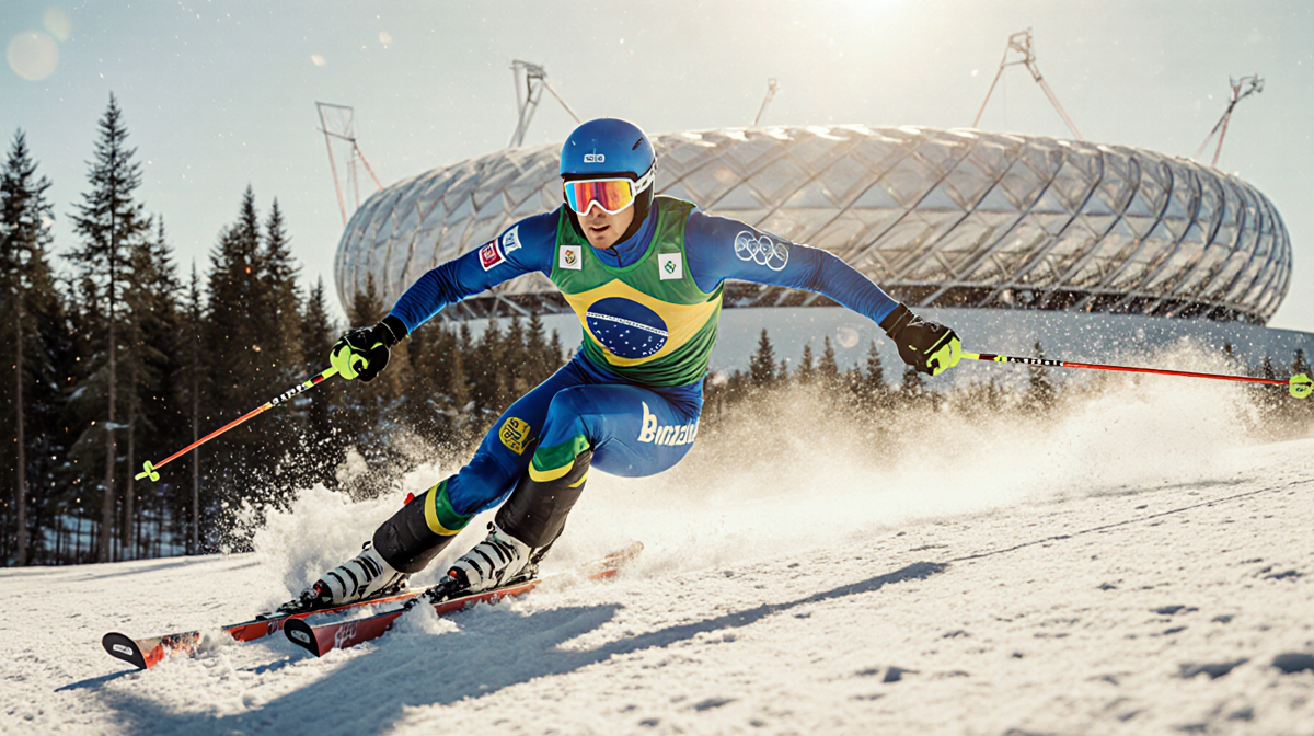 Lucas Pinheiro Braathen sprinting down a snowy slope with a Brazilian ski suit and Olympic stadium in background