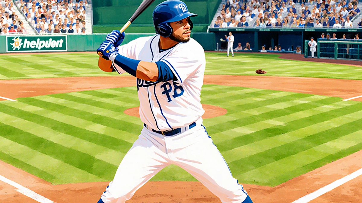 Luis Arráez batting with Padres jersey and baseball glove on sunny field with fans watching